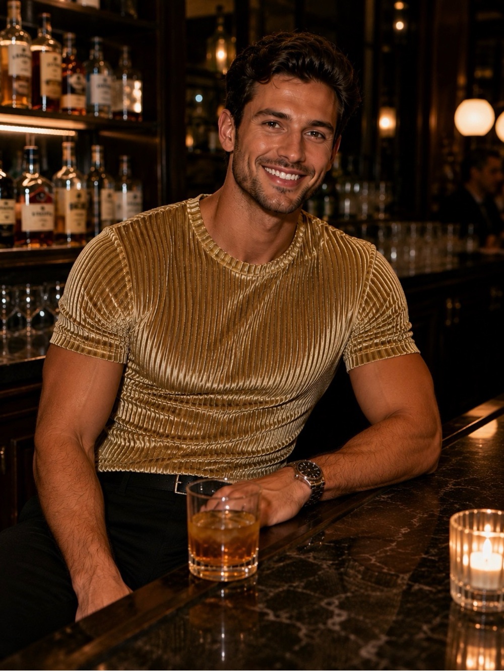 Gold Velvet Ribbed Short Sleeve Tee